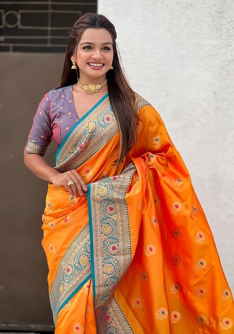 Orange Wevon Meenakari Designer Soft Silk Saree Set