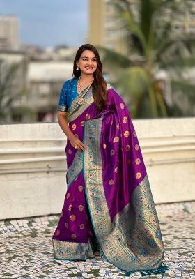 Lavender Wevon Meenakari Designer Soft Silk Saree Set
