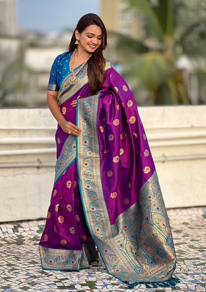 Lavender Wevon Meenakari Designer Soft Silk Saree Set