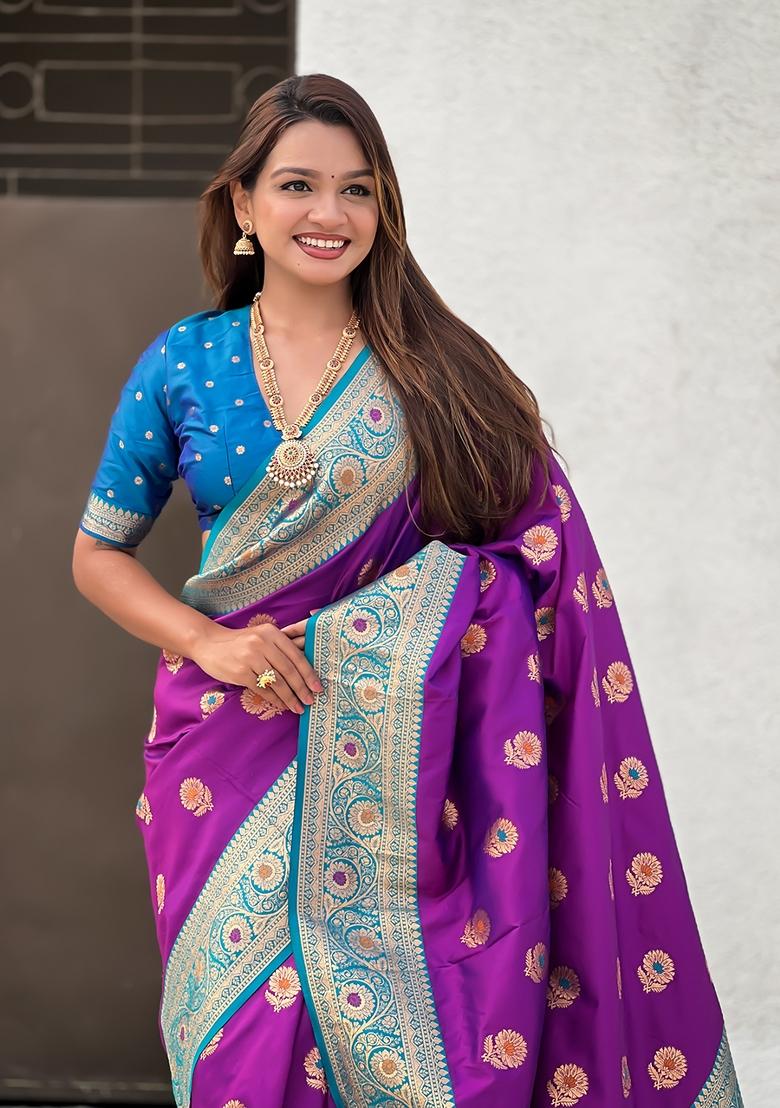 Lavender Wevon Meenakari Designer Soft Silk Saree Set