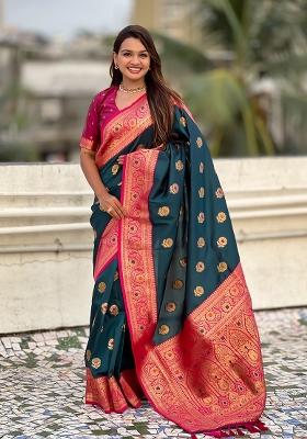 Teal Blue Wevon Meenakari Designer Soft Silk Saree Set