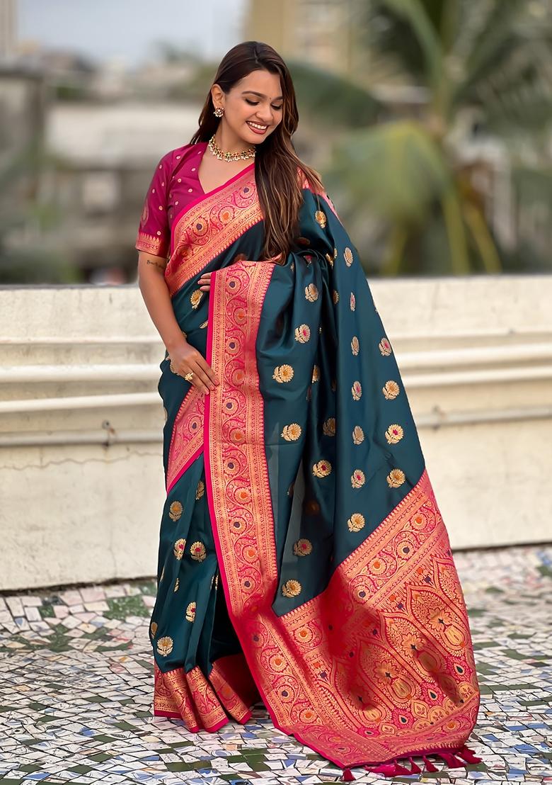 Teal Blue Wevon Meenakari Designer Soft Silk Saree Set