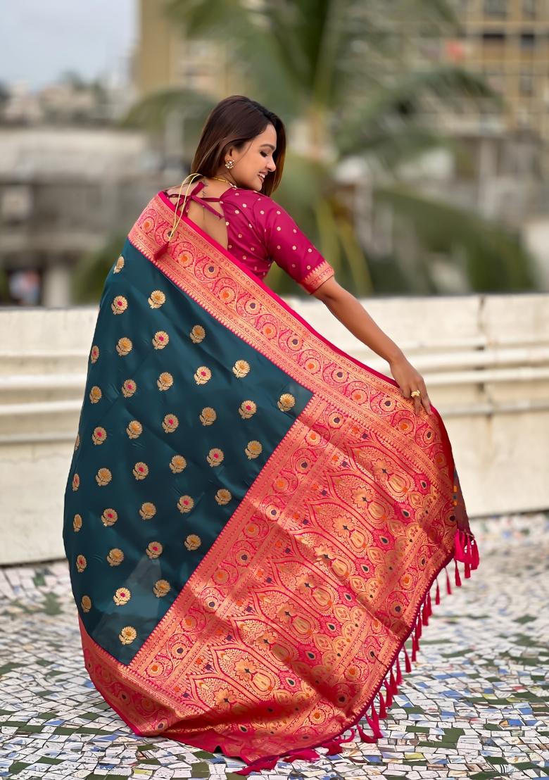 Teal Blue Wevon Meenakari Designer Soft Silk Saree Set