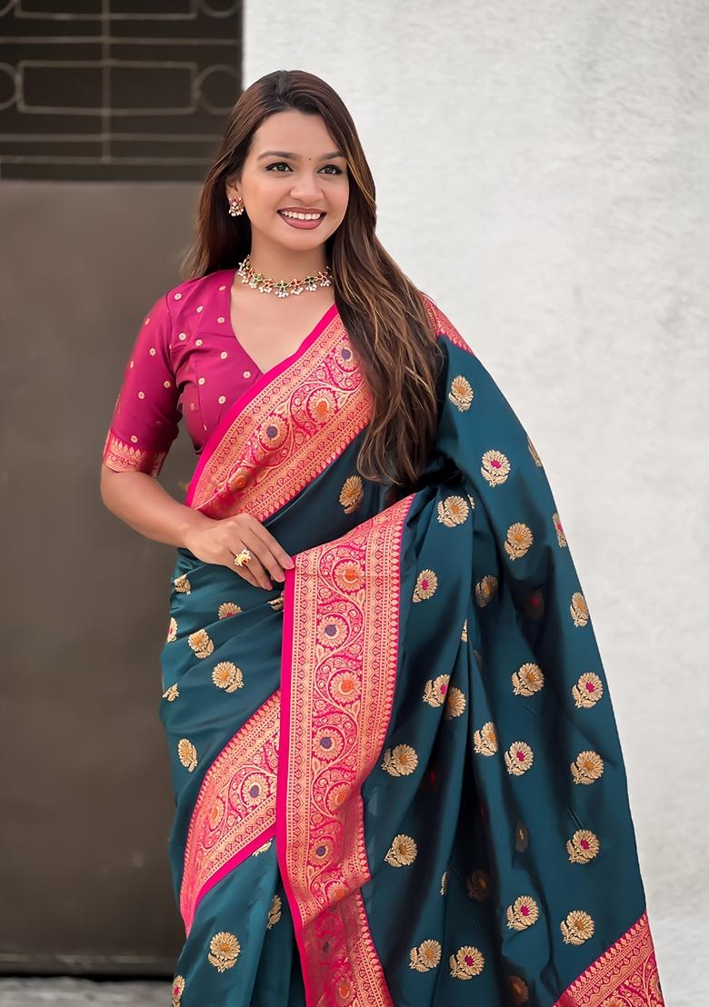 Teal Blue Wevon Meenakari Designer Soft Silk Saree Set