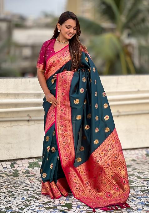 Teal Blue Wevon Meenakari Designer Soft Silk Saree Set