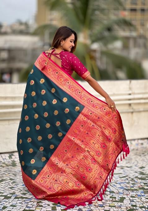 Teal Blue Wevon Meenakari Designer Soft Silk Saree Set