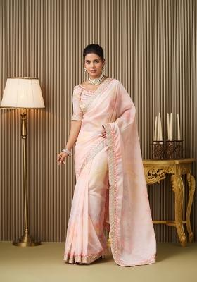 Pink Embroidered Organza Saree Set