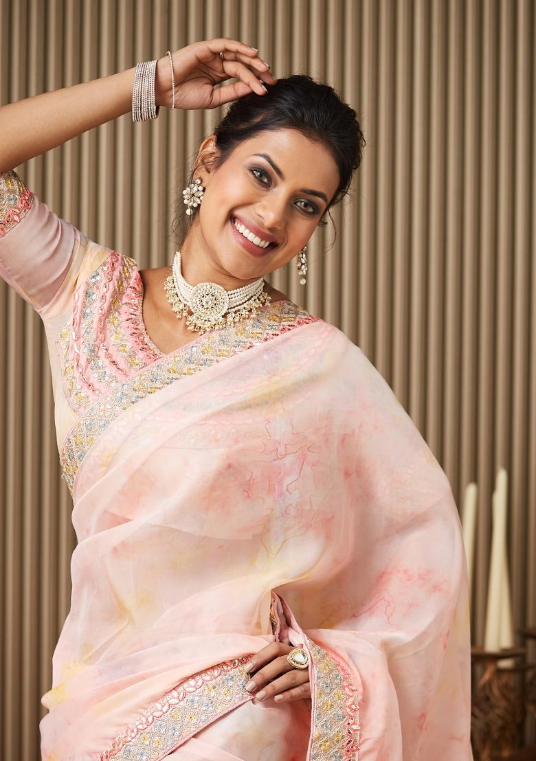 Pink Embroidered Organza Saree Set