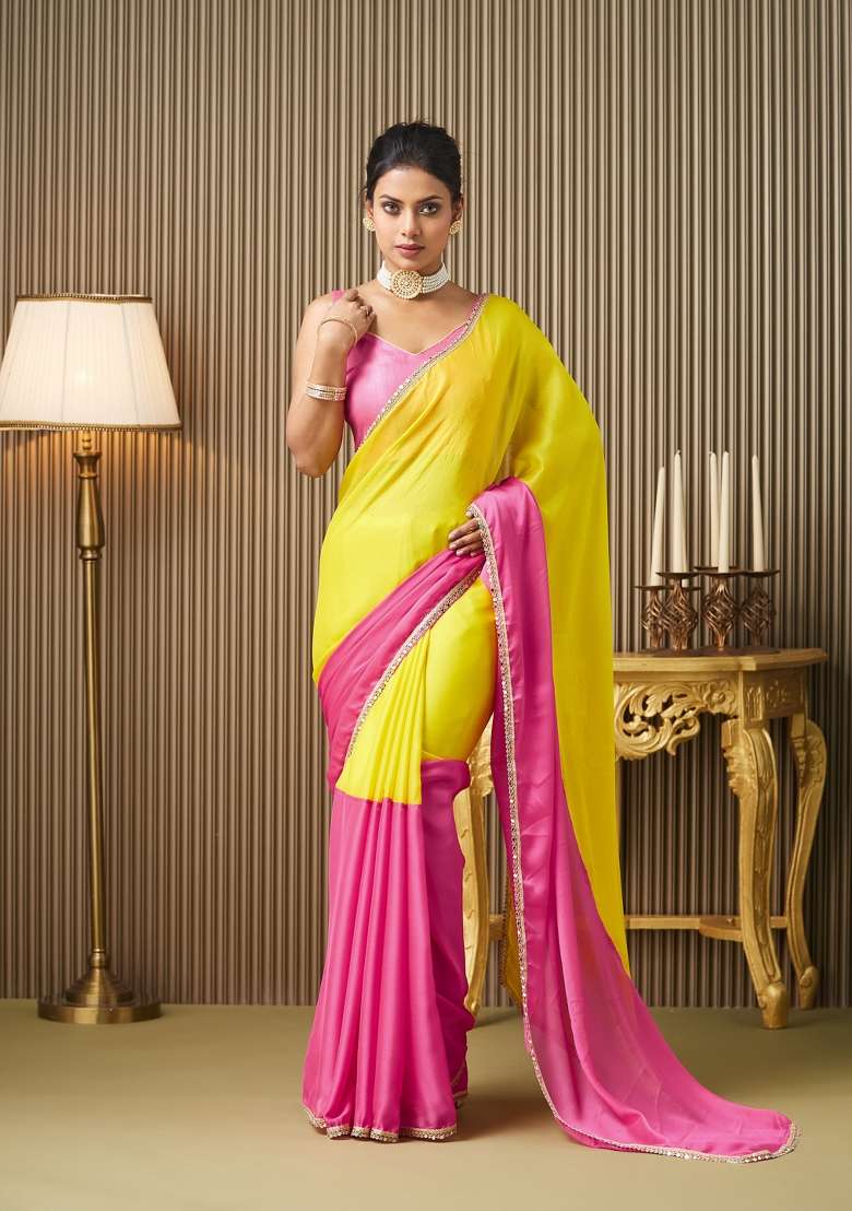 Pink Mirrorwork Colorblocked Work Chiffon Saree Set - Indya