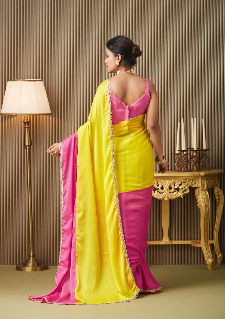 Pink Mirrorwork Colorblocked Work Chiffon Saree Set - Indya
