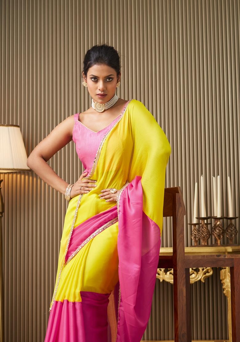 Pink Mirrorwork Colorblocked Work Chiffon Saree Set