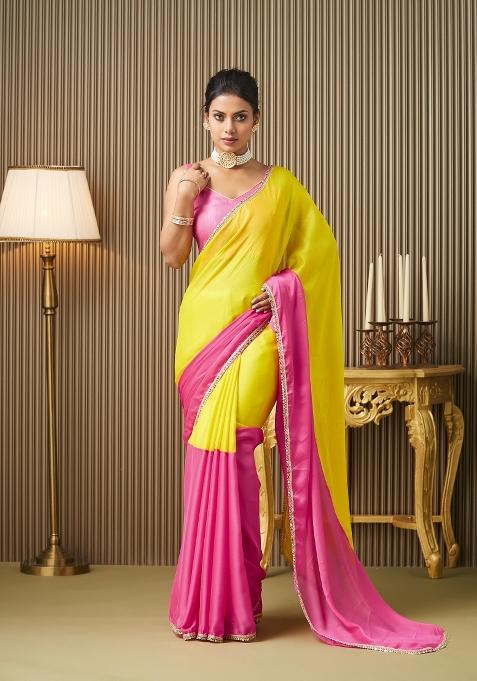 Pink Mirrorwork Colorblocked Work Chiffon Saree Set