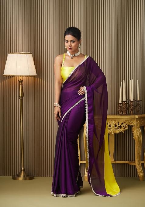 Purple Mirrorwork Colorblocked Work Chiffon Saree Set