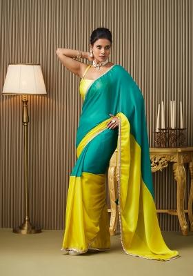 Teal Blue Motiwork Lace Colorblocked Chiffon Saree Set