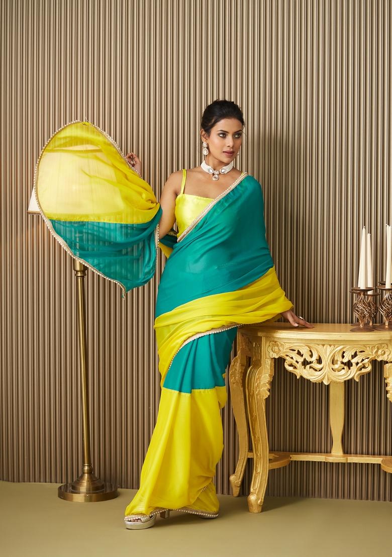 Teal Blue Motiwork Lace Colorblocked Chiffon Saree Set