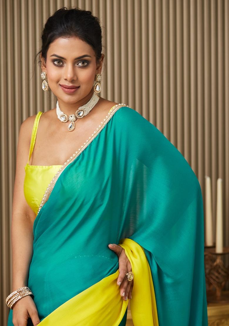 Teal Blue Motiwork Lace Colorblocked Chiffon Saree Set