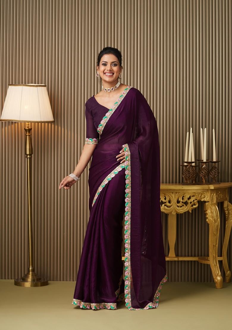 Purple Embellished Chiffon Saree Set