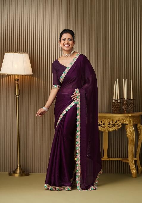 Purple Embellished Chiffon Saree Set