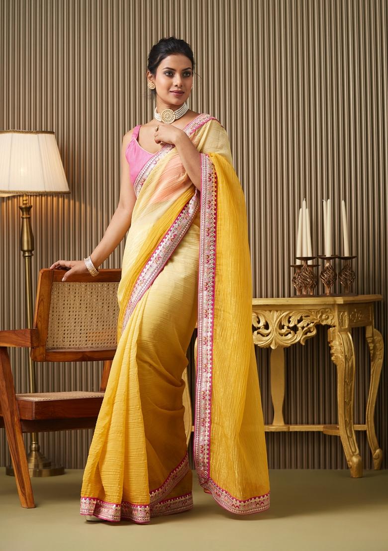 Yellow Embroidered Chiffon Saree Set