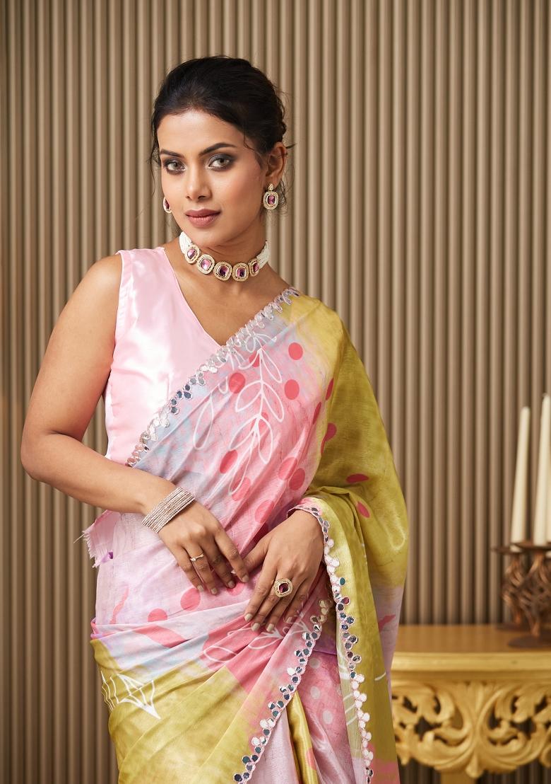 Multi Designer Printed And Mirrar Lace Work Chiffon Saree Set