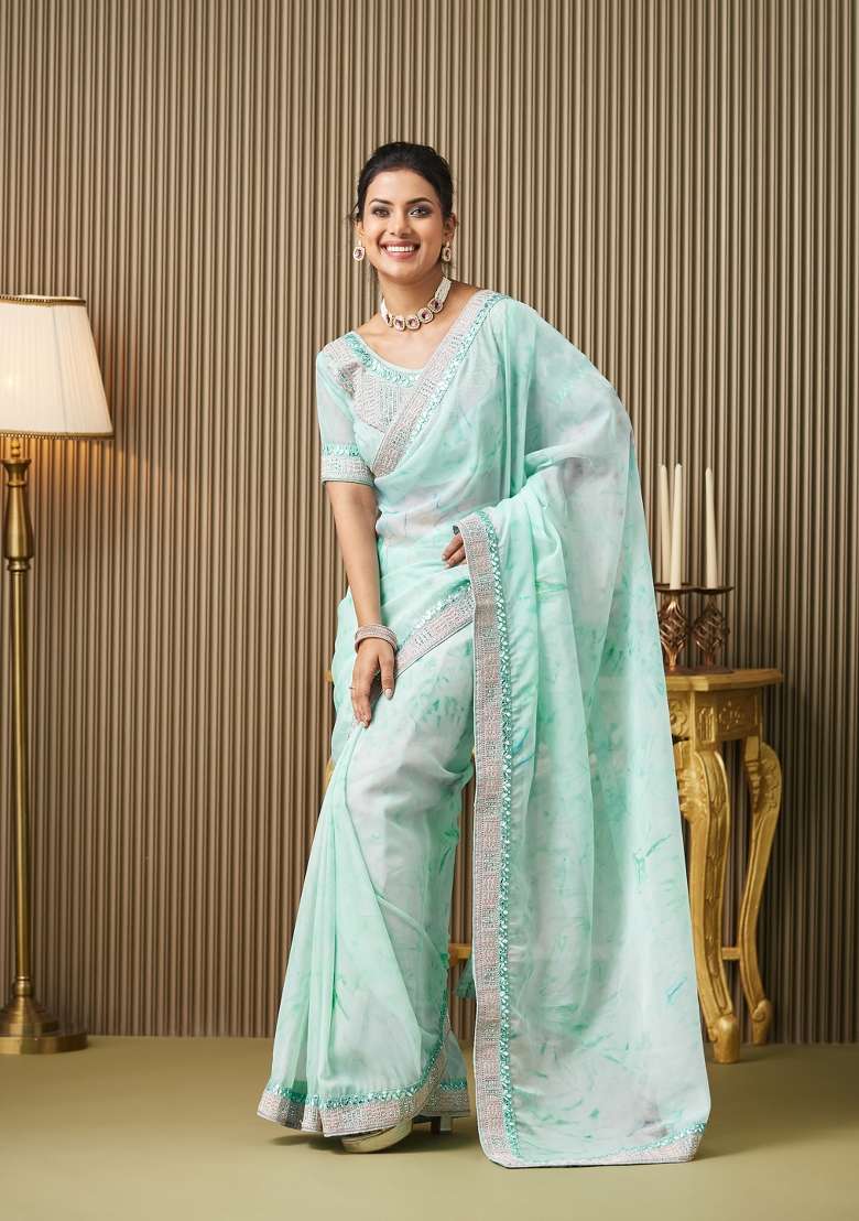 Turquoise Blue Embroidered Organza Saree Set - Indya