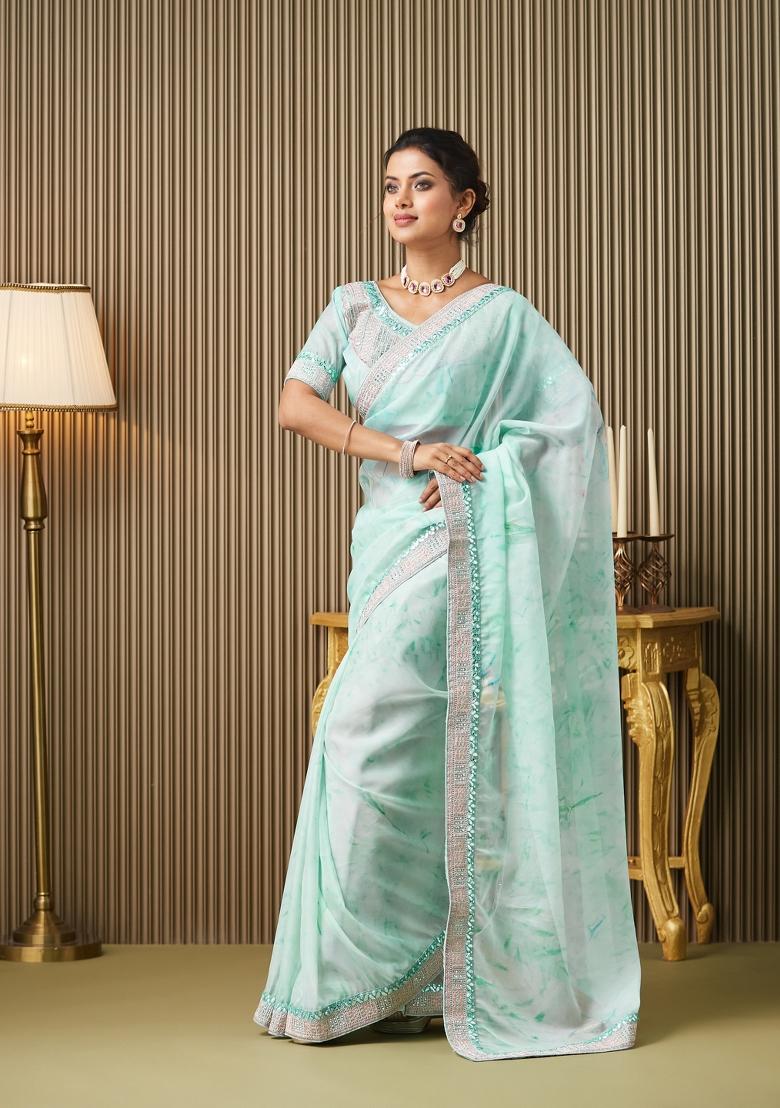 Turquoise Blue Embroidered Organza Saree Set
