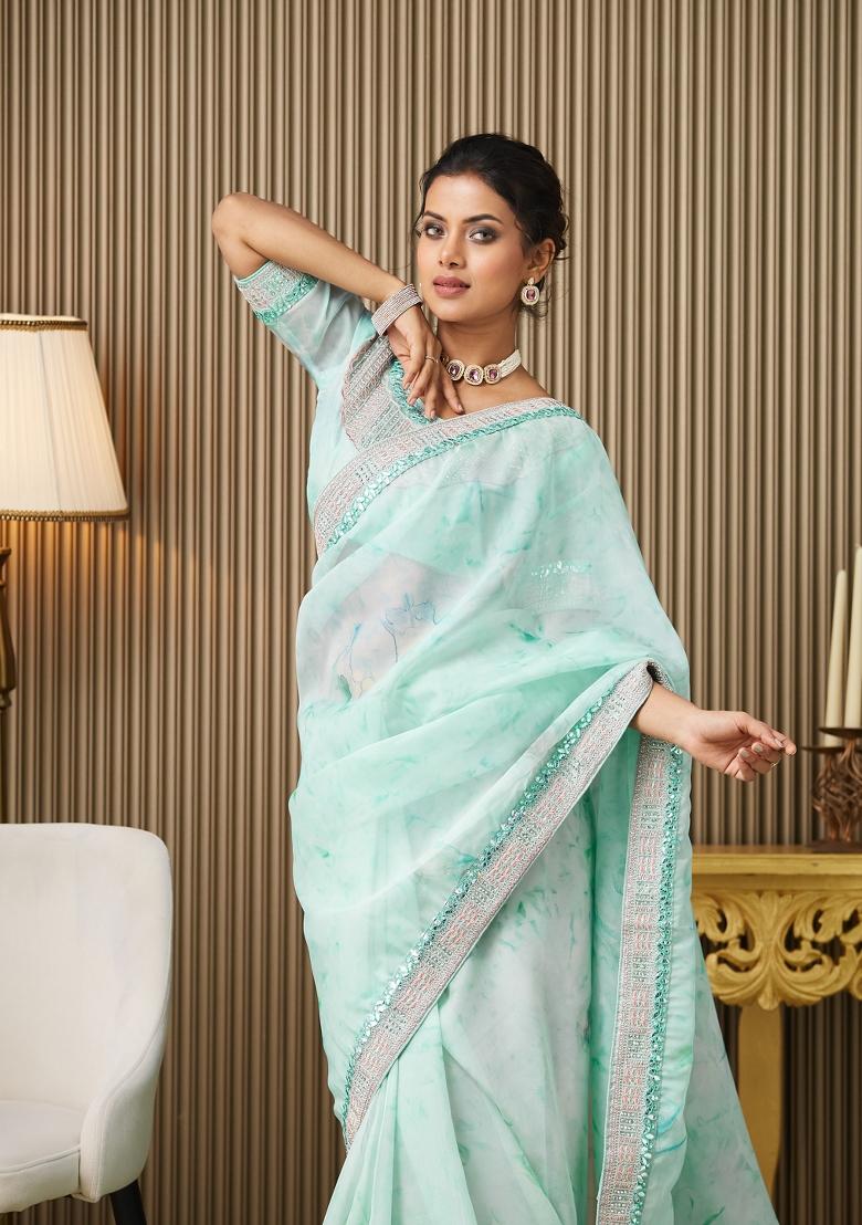 Turquoise Blue Embroidered Organza Saree Set