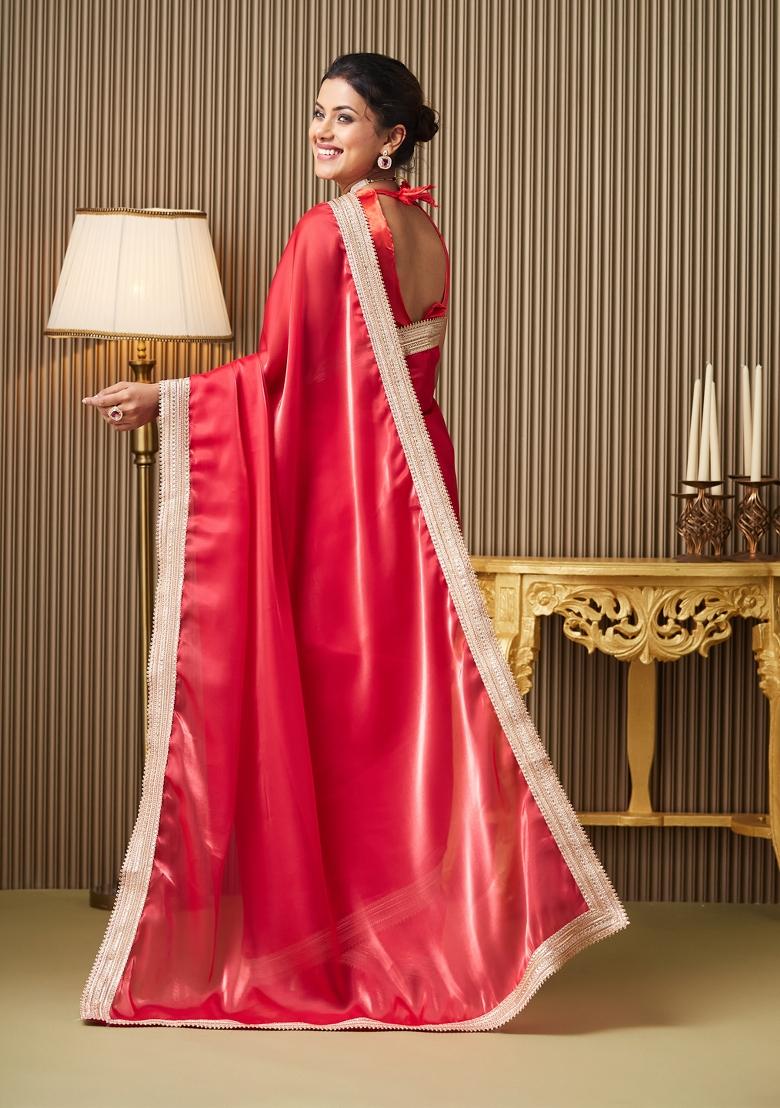 Red Designer Lace Work Organza Saree Set