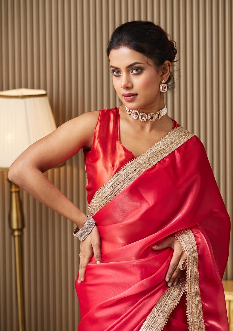 Red Designer Lace Work Organza Saree Set