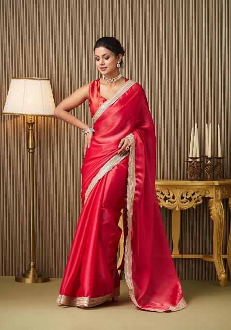 Red Designer Lace Work Organza Saree Set