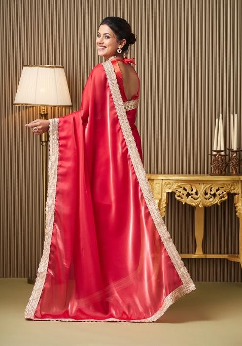 Red Designer Lace Work Organza Saree Set