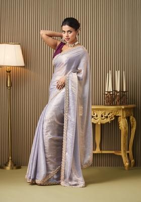 Lavender Embellished Satin Saree Set