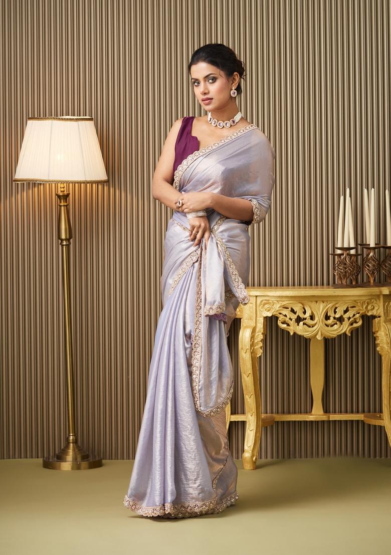 Lavender Embellished Satin Saree Set