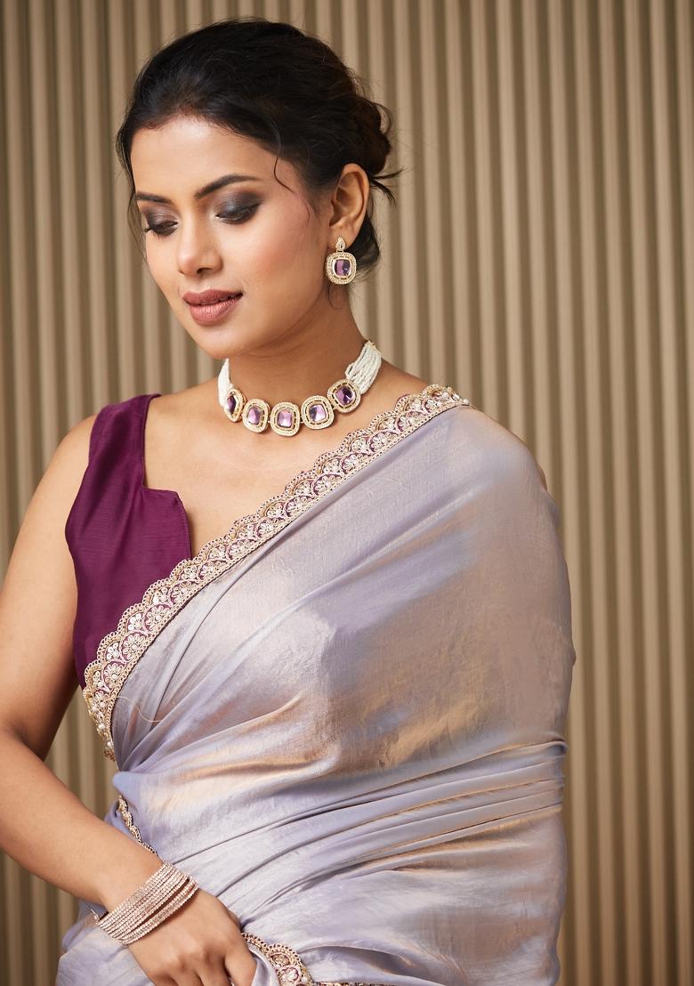 Lavender Embellished Satin Saree Set