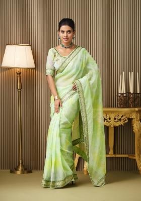 Green Embroidered Organza Saree Set