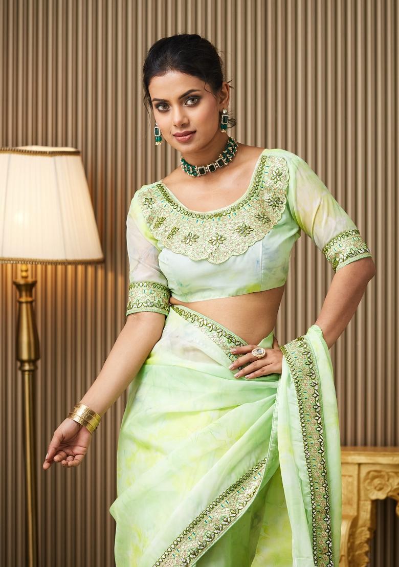Green Embroidered Organza Saree Set