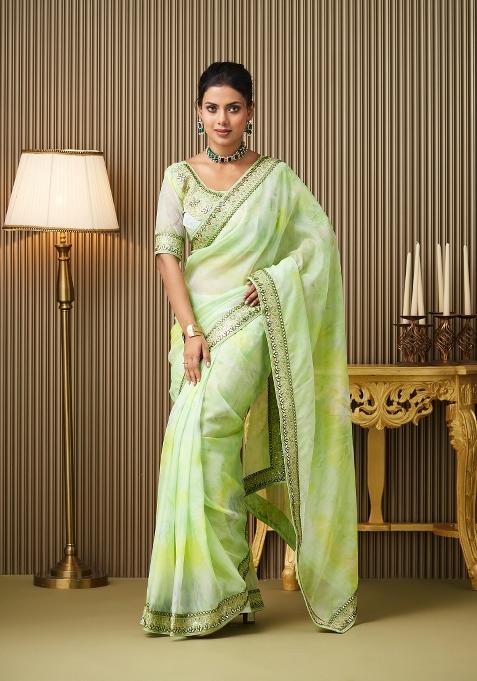 Green Embroidered Organza Saree Set