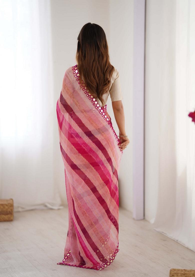 Pink Designer Lariya Printed And Mirror Cut Work Chiffon Saree Set