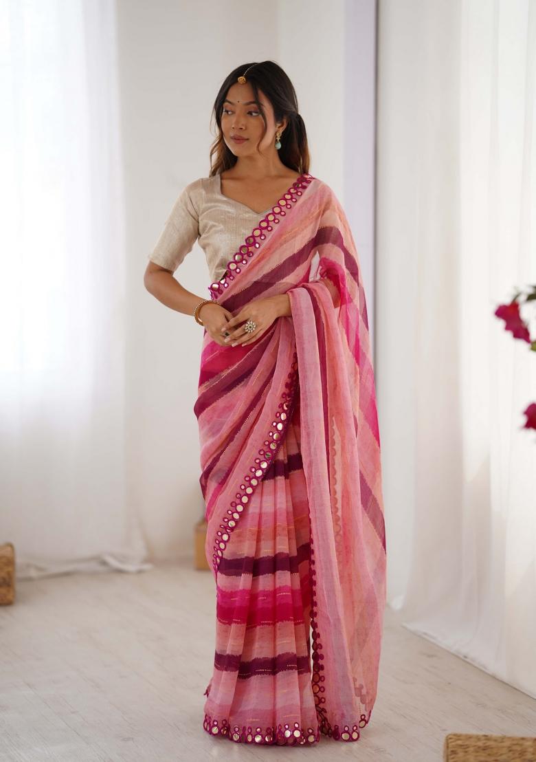 Pink Designer Lariya Printed And Mirror Cut Work Chiffon Saree Set