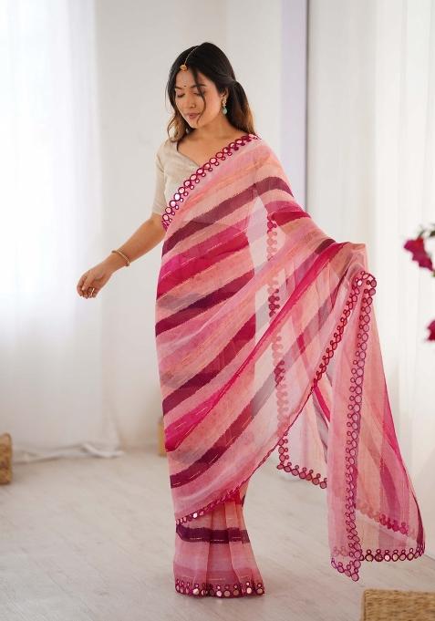Pink Designer Lariya Printed And Mirror Cut Work Chiffon Saree Set