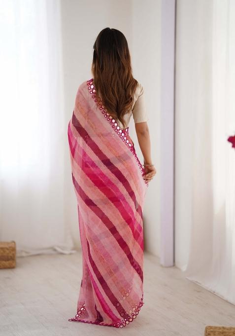 Pink Designer Lariya Printed And Mirror Cut Work Chiffon Saree Set