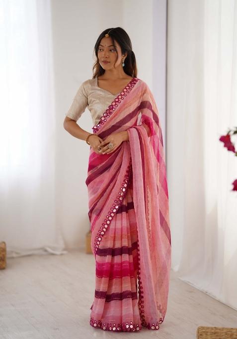 Pink Designer Lariya Printed And Mirror Cut Work Chiffon Saree Set