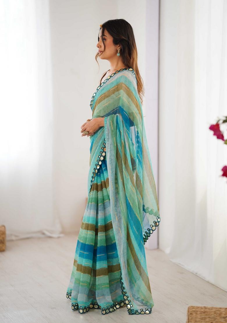 Rama Green Designer Lariya Printed And Mirror Cut Work Chiffon Saree Set