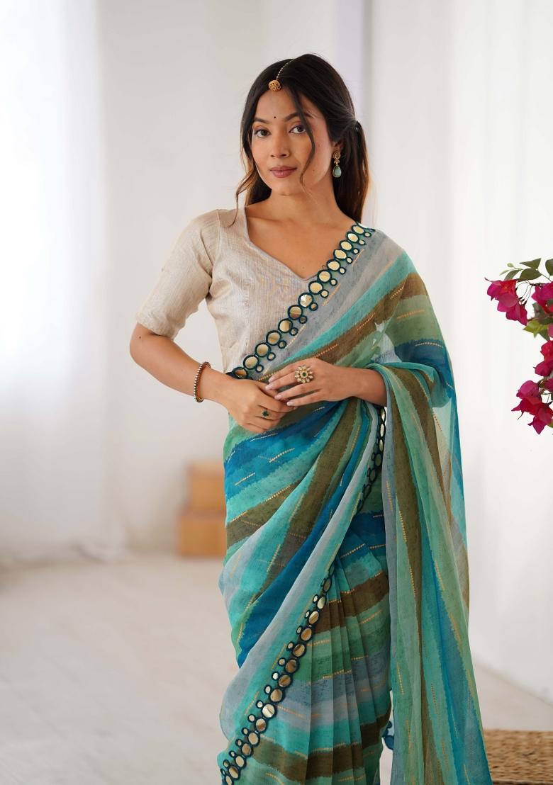 Rama Green Designer Lariya Printed And Mirror Cut Work Chiffon Saree Set