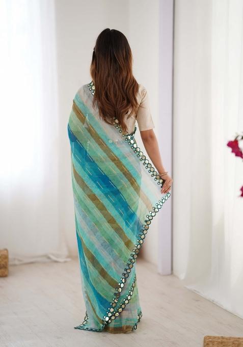 Rama Green Designer Lariya Printed And Mirror Cut Work Chiffon Saree Set