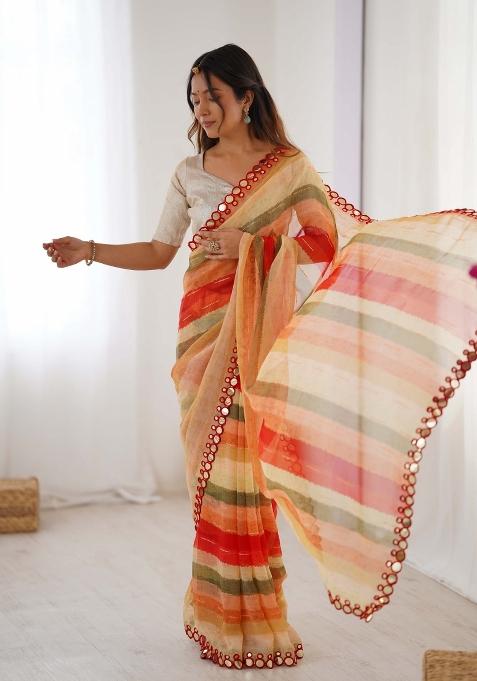 Red Designer Lariya Printed And Mirror Cut Work Chiffon Saree Set