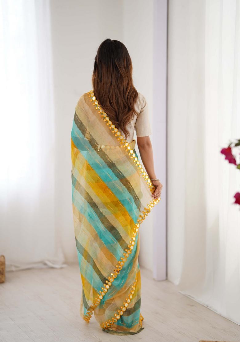 Yellow Designer Lariya Printed And Mirror Cut Work Chiffon Saree Set