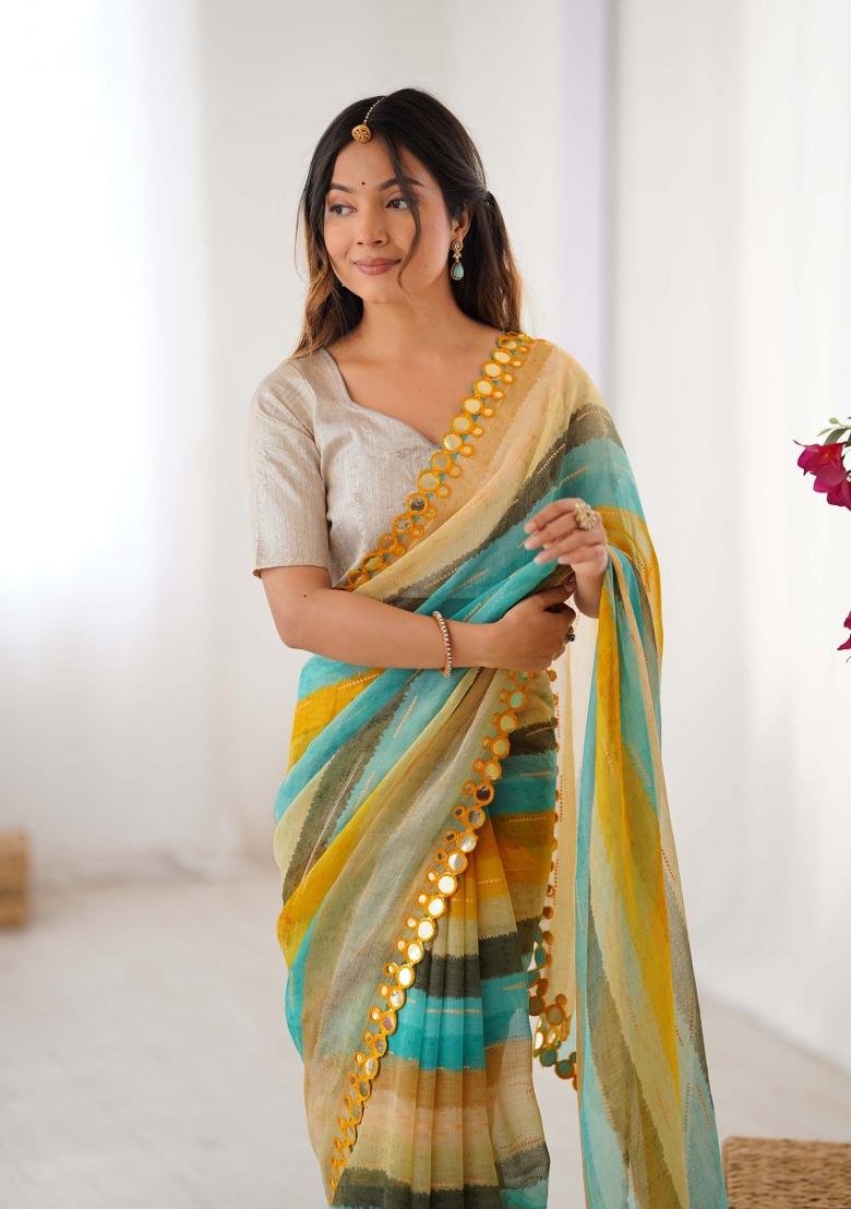 Yellow Designer Lariya Printed And Mirror Cut Work Chiffon Saree Set