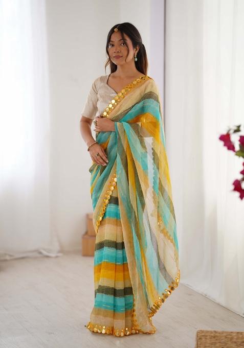 Yellow Designer Lariya Printed And Mirror Cut Work Chiffon Saree Set