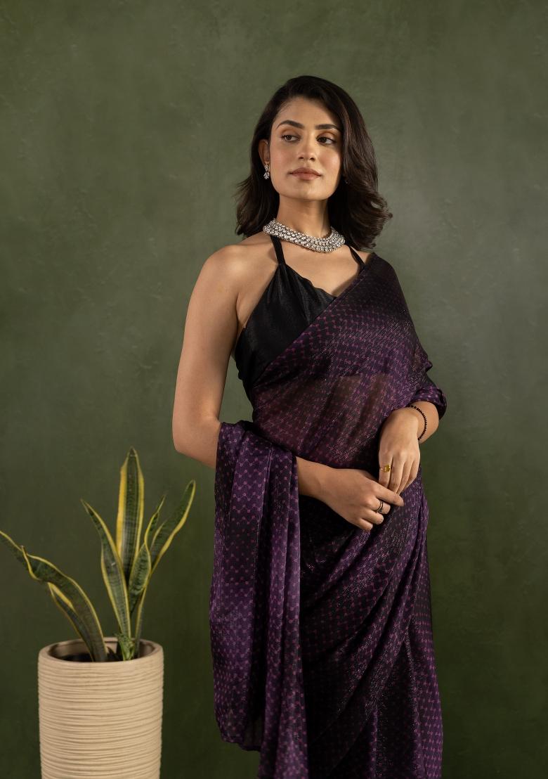 Purple Printed Designer Chiffon Pre Stitched Saree